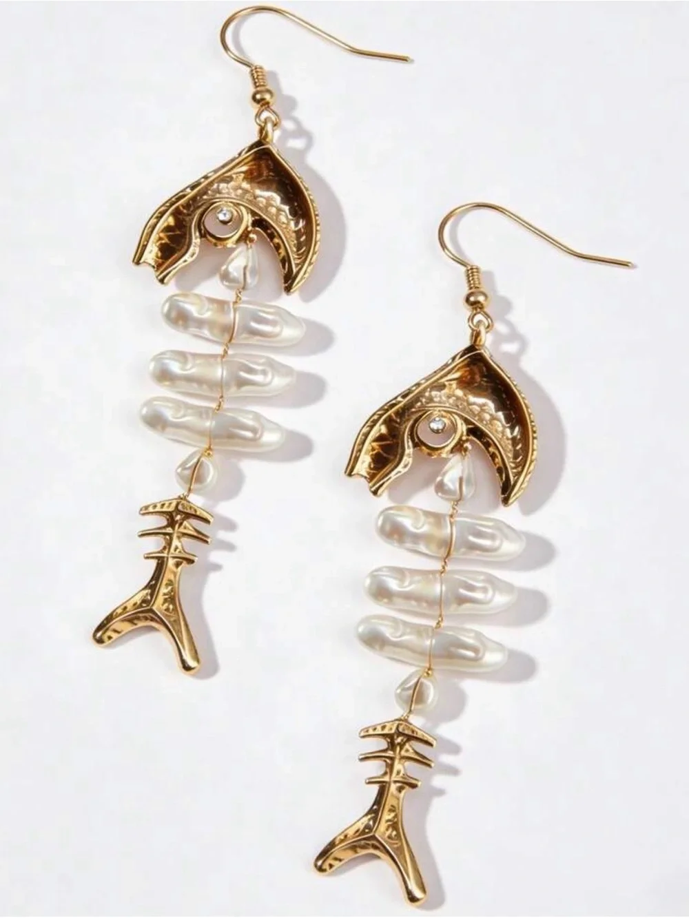 ✨ Gold Tone Fishbone Pearl Statement Dangle Earrings